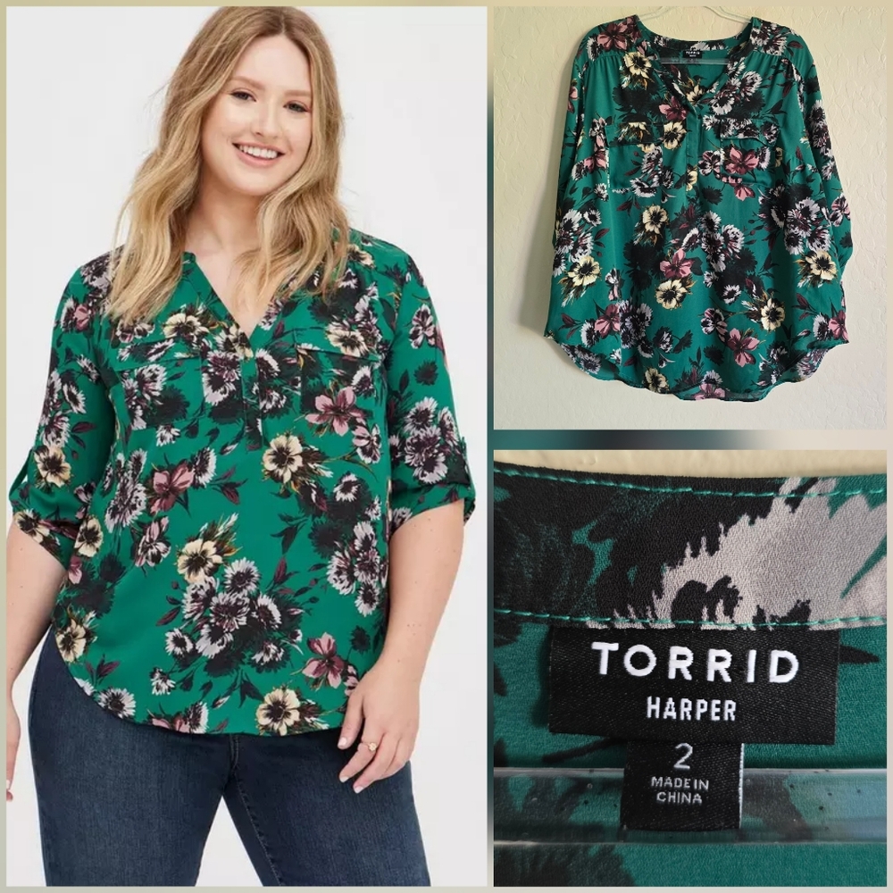 Torrid Harper Georgette 3/4 Sleeve Blouse Size 2 Green Floral